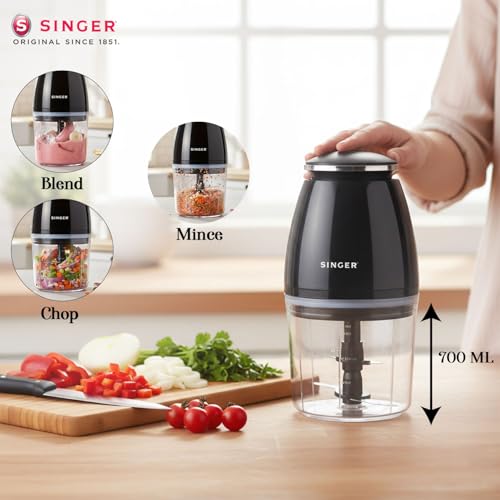 Image of SINGER Nexchop Mini Single Speed Electric Chopper 350W | 700ml Bowl | 4 Stainless Steel Blades | Low Noise | Lightweight | ISI Certified | 2-Year Warranty