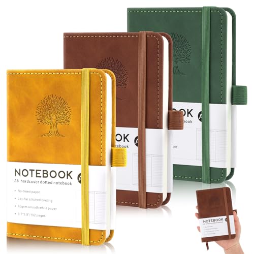 Hopton Notizbuch A6 3 Stück Notizbücher Set 192 Seiten 80 g/m Leder Notizblock Liniert Notizbüch Klein Journal Buch Reisetagebuch Prägebaum Design (Gelb Grün Braun)
