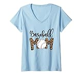 donna funny baseball mom leopard print softball mom mother's day maglietta con collo a v