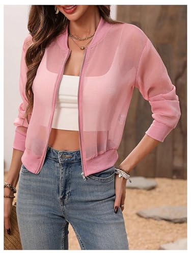 Floerns Women's Mesh Sheer Zip Up Bomber Jacket Baseball Collar Long Sleeve Outwear2