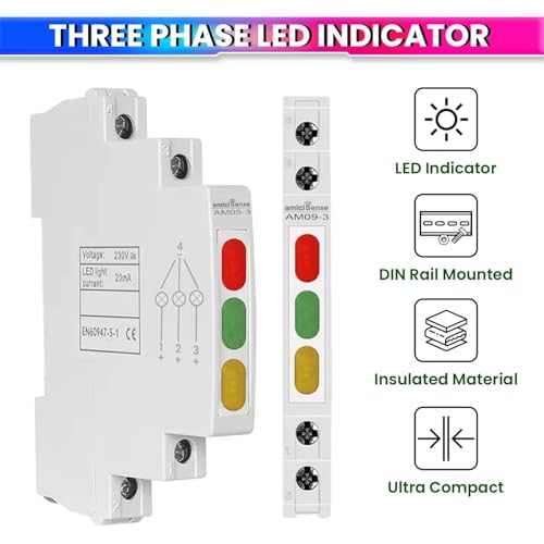 Image of amiciSense 3-Phase Indicator with Red, Green, and Yellow LED Lights - Only 1 cm Wide Reliable Phase Detection for 230VAC Systems, Din Rail Mount Panel Indicator