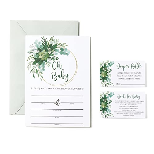 25 Double-Sided Oh Baby Greenery Baby Shower Invitations (Large Size 5X7 inches), Diaper Raffle Tickets, Boys or Gender Neutral, Boxed Set