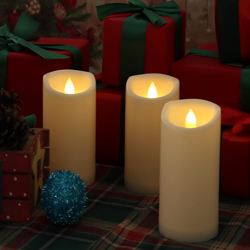 Image of CANDLE CHOICE Waterproof Outdoor Battery Operated Flameless Candles with Timer Flickering Plastic Resin Electric LED Pillar Lights for Lantern Patio Garden Wedding Party Decorations 3x7 Inches 3 Pack