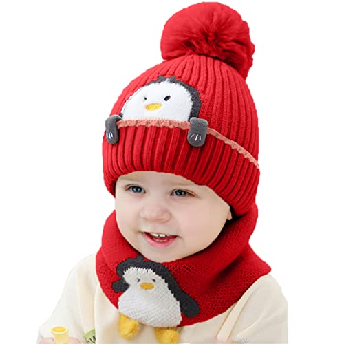 Bonnet Écharpe Set Chapeau Bonnet Enfant Hiver Bébé Tricoté Bonnet Set avec Pompon de 2 Pièces Garçon Fille Chaud Tricoté Chapeau avec Cercle Écharpe Crochet Cache-Cou Ensemble(Rouge) Cover