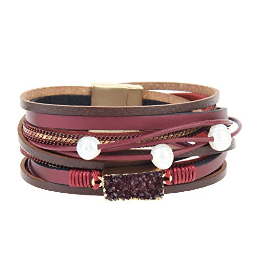 MULBA Frauen-echtes Leder-Weinlese-vulkanischer Stein-Verpackungs-Armband-Perlen-Anhänger (Red) Cover