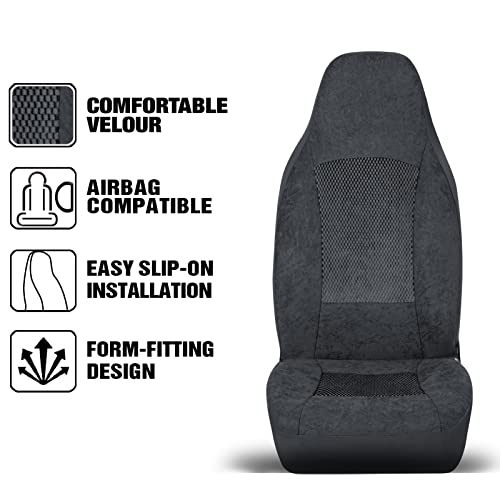 Road Comforts Front Car Seat Covers, Bucket Embossed Black Velour Seat Covers, High Back Auto Seat Covers For Cars, Trucks, Jeep, Van, Suv, Pickup, Airbag Compatible #TOP2