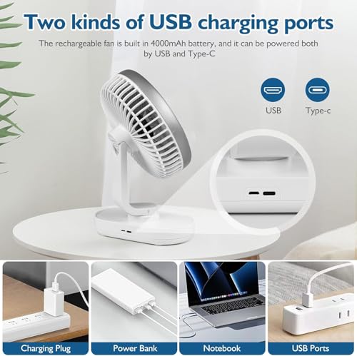Image of TEKCOOL 4000mAh Rechargeable Desk Fan, Portable Table Fan,USB Fan, USB Battery Powered Quiet Personal Fan,4 Speed for Home Office Travel(Silver)'