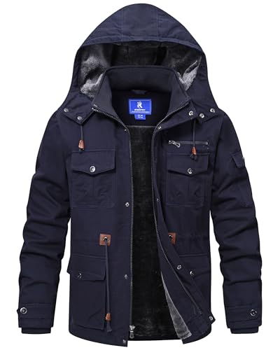 Image of Rapoo Men's Winter Jacket Cotton Work Military Jackets Fleece Lined Thick Warm Cargo Coats with Hooded