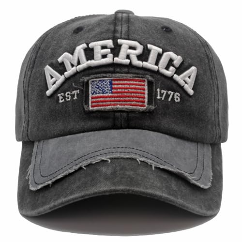 Image of Embroidery American Flag Baseball Cap for Men Women Vintage Washed Distressed Cotton Adjustable USA Dad Hat