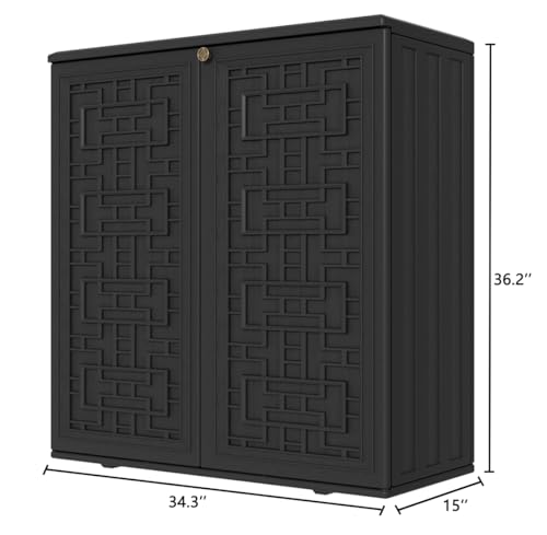 Image of KINYING Outdoor Storage Cabinet Waterproof, Resin 62 Gallon Deck Box for Patio Furniture Cushions, Garden Tools, Pool Tools and Kids' Toys (Black with 1 Shelving)