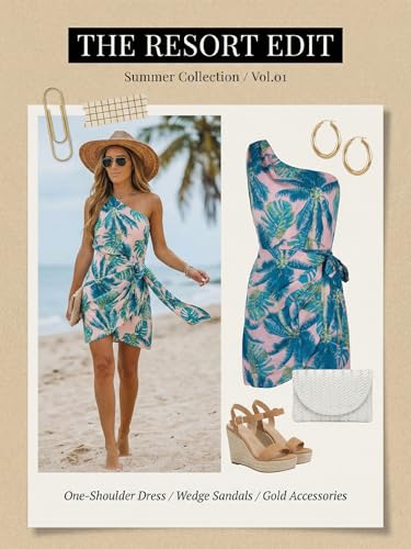 Image of CUPSHE Women's One Shoulder Leaf Print Self-tie Short Dress Sleeveless Tiered Hem Formal Dress Casual Mini Dress