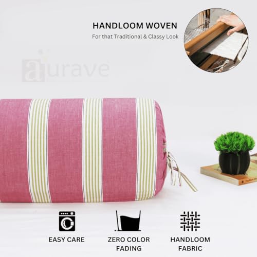 Image of AURAVE Cotton 144 TC Printed Bolster Cover with Drawstring Closure, Set of 2, Soft Breathable Durable Machine Washable for Sofa Bed & Home Decor, 15 inchx30 inch, Magenta & Green | Cover Only