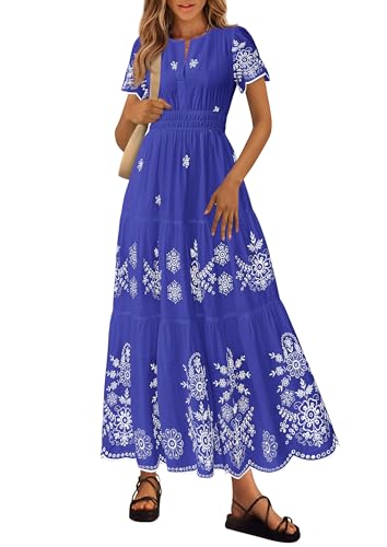 Image of PRETTYGARDEN Womens Summer Dresses Floral Maxi Boho Spring Long Dress | Lightweight Cotton Embroidery, V Neck Short Sleeve Empire Elastic Waist, Flowy Vacation Wedding Guest Dresses, with Pockets