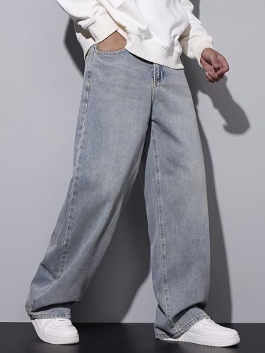 Image of DFGIGT Mens Baggy Jeans Wide Leg Denim Pants Y2k Loose Fit Streetwear | Hip Hop,Vintage 2000s,Jinco Jeans,Straight Leg,5 Pockets
