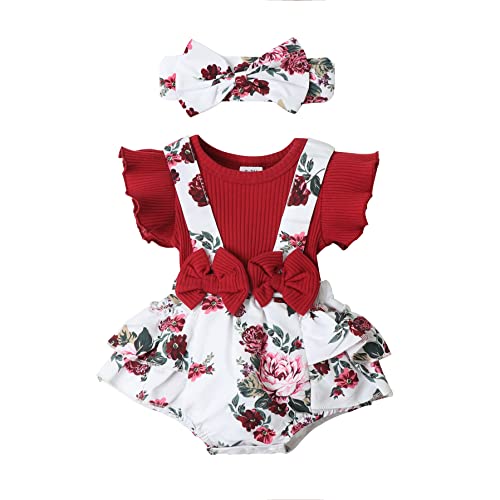 Image of Newborn Baby Girl Clothes Infant Romper Floral Suspender Dress Ruffle Sleeve Onesie Outfit Jumpsuit Headband Spring Summer