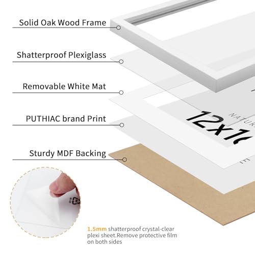 puthiac 12x16 White Oak Wood Picture Frame - Minimalist 12x16 Poster Frame, 12"x16" Picture Frame Wood, Natural Solid Wooden Picture Frames for Wall Art Photo and Prints (1 Pack, White)