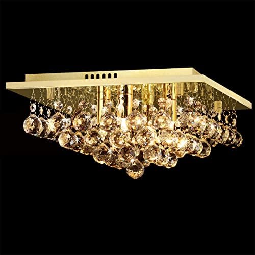 Long Life Lamp Company Modern Flush Square Chandelier Ceiling Light Crystal Droplets Gold Effect Base M0142F with 4 x 3w G9 Warm