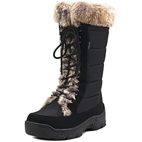 AUSLAND Women's Black Winter Snow Boots Twin Peaks Fur Cuff Mid-Calf Waterproof Lace Up Boots E7623 9.5US/40EU Cover