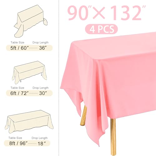 Image of 4 Pack Rectangle Tablecloth 90x132Inch Pink Washable Polyester Table Cover for Wedding Dining Table Buffet Parties Banquet Decoration(Pink)