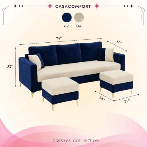Image of Classiq Rich 5 Seater L Shape Sofa Set with 2 Movable Ottomans | Flexible Layout | Rich Velvet Suede Fabric | Silver Legs | Dual Tone Modern Sofa for Living Room (Dark Blue-Cream)