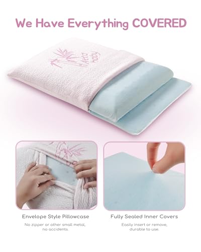 Image of Toddler Pillow, Adjustable Memory Foam Small Pillow for Toddler 2 Years & Above, 13 inch x 18 inch Mini Size for Kid Sleeping, Napping or Traveling, Washable No Zipper Pillowcase, Pink