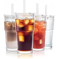 ALINK 20 oz Ribbed Glass Tumblers with Lids and Straws – 4 Pack Glassware Cups Set, Thickened Glass, Ideal for Iced Coffee, Smoothies, Cocktails,Juices – Elegant Durable Drinkware