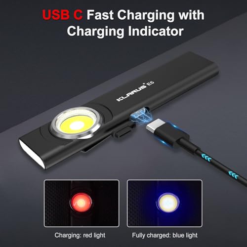 Image of klarus E5 Pocket Flashlight, Rechargeable EDC Flashlight, Super Slim 4.2x1x0.3inch, 600 Lumens, USB-C Port, IPX4, Dual Light Source with Magnetic Base, Hat & Clothes Clip - Black