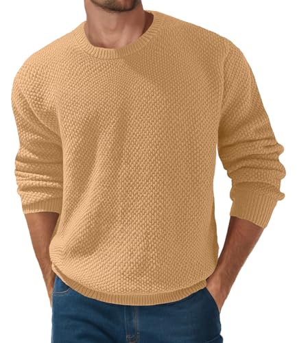 Mens Crewneck Pullover Sweater Textured Long Sleeve Casual Knitted Sweaters with Ribbing Edge