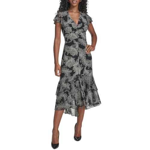 Image of Tommy Hilfiger Women's Flutter Sleeve V-Neck Ruffle Trim Hi-Lo Midi Dress