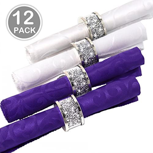 Stylishia Silver Diamond Glass Napkin Holder Stainless Steel Framed Crystal Silver Napkin Rings Set Of 12 Pieces, Glam Serviette Buckles Cloth Holder Bling Crushed Diamond Table Settings Home Decor #TOP2