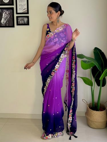 Image of AKHILAM Women's Multicolor Georgette Embroidered Saree with Unstitched Blouse Piece(KESARI7801 KR Parent)