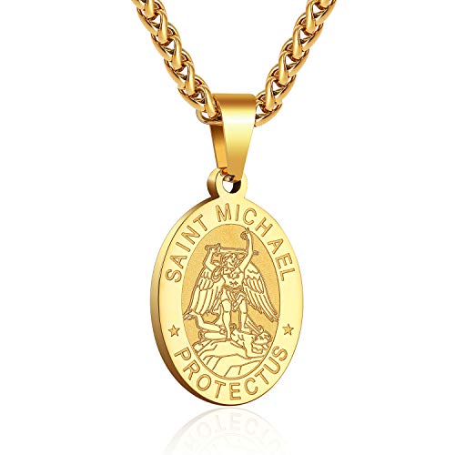 P. BLAKE Oval Saint Christopher/Michael/Joseph/Jude/Virgin Mary/Joseph/Francis/Patrick/Anthony/Benedict/Thomas Necklace for Men Women, Stainless Steel Catholic Patron Pendant with Chain 24 Inches