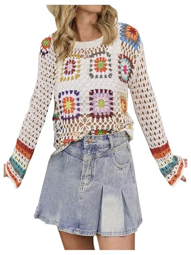 Verdusa Women's Hollow Out Pullover Sweaters Y2k Vacation Colorful Flare Sleeve Crochet Knit Tops