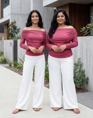 Image of Selvia Women's Off Shoulder Ruched Long Sleeve Top, Stylish Casual Slim Fit Stretch Top