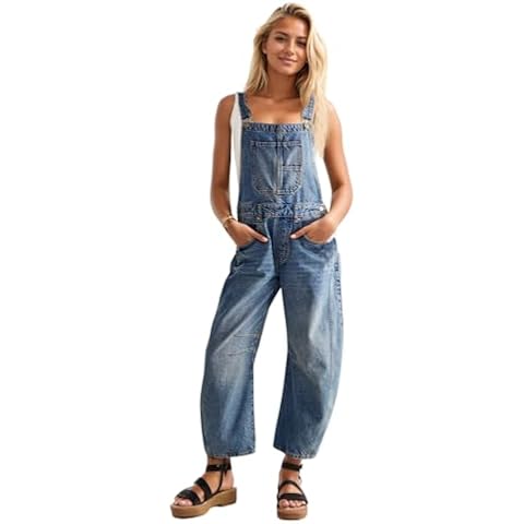 Ladyful Women's Denim Overall Casual Straight Wide Leg Bib Jeans Overall Adjustable Straps Denim Romper Stretch Jumpsuits Cover