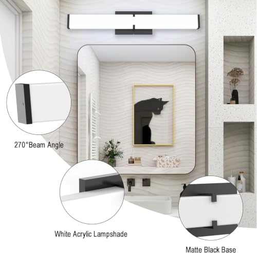 Image of Bathroom Vanity Light with Night Light Cool White 5700K Black Modern Matte Bathroom Lighting Fixtures; 24 Inch IP44 25W Equivalent to Incandescent 250W for Over Mirror Vanity Light ETL Listed
