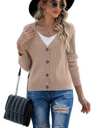 Image of FREEOAK Bolero Shrugs for Women Long Sleeve Cardigan Sweaters Open Front Button Down Cardigan for Women Winter Fall Casual Sweaters Khaki 2XL