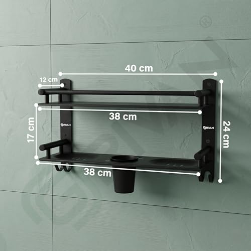 Image of GRIVAN Stainless Steel 2-Tier Bathroom Accessories Set - Heavy Duty Bathroom Shelves with Dual Soap Holder, Toothbrush Holder & Tumbler | Wall Mounted Bathroom Organizer (Black Matte)