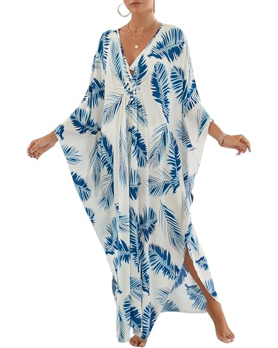 Bsubseach Kaftan Dresses for Women V Neck Plus Size Caftans Swimwear Coverups Long Caftan Beach Dress 2025 Summer Loungewear Blue Leaves