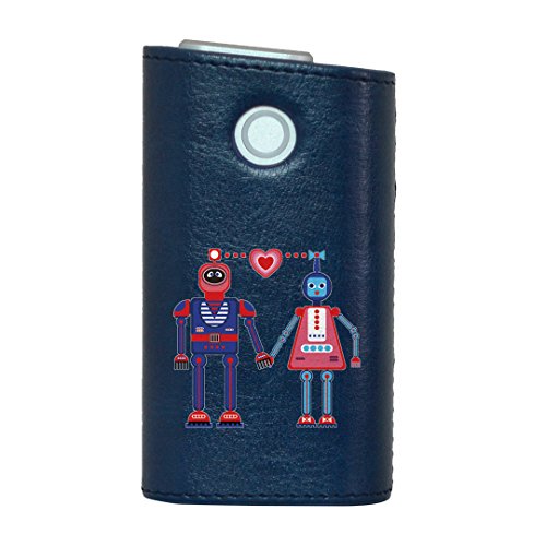 glo グロー グロウ 専用 レザーケース レザーカバー タバコ ケース カバー 合皮 ハードケース カバー 収納 デザイン 革 皮 BLUE ブルー ロボット ハート かわいい 011929