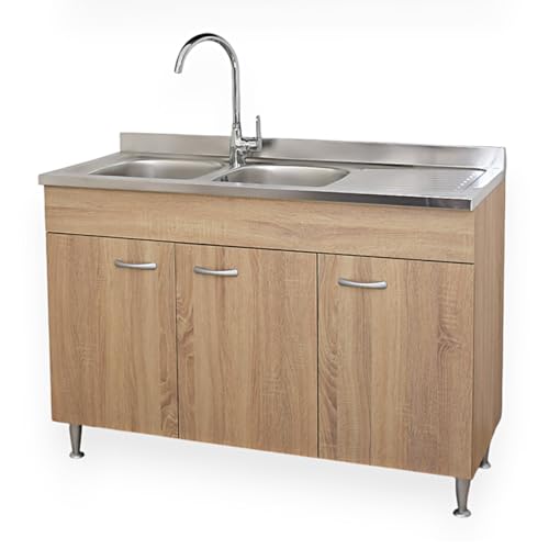 Yellowshop - Mobile cucina sottolavello a 3 ante cm 120 effetto legno rovere well componibile con lavello inox e scolapiatti Basic (Sottolavello con lavello piano Dx)