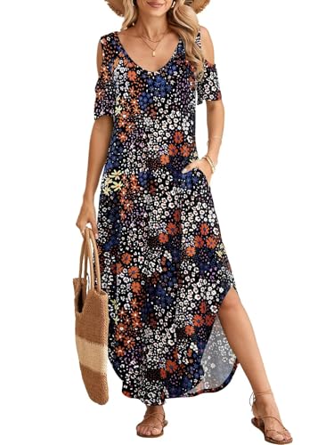 Image of BELAROI Womens Cold Shoulder Maxi Dress Plus Size V Neck Summer Sundresses with Pockets Beach Coverup Vacation Outfits