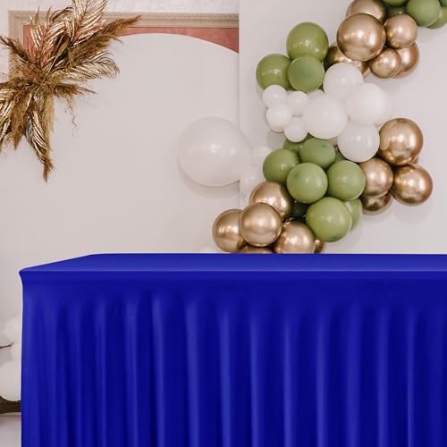 Image of HolidayIdeas Royal Blue 4ft Rectangle Spandex Tablecloth 2 Pack Fitted Stretch Table Skirts 24x48 Inch, Ruffle Design Wrinkle-Free Polyester Table Cover for Banquets,Trade Shows, Parties, Events