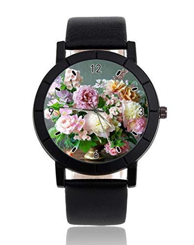 Preisvergleich Produktbild Armbanduhr, verschiedene Blumen in Flaschen, personalisierbar, Casual, schwarzes Lederband, Armbanduhr für Männer und Frauen, Unisex-Uhren