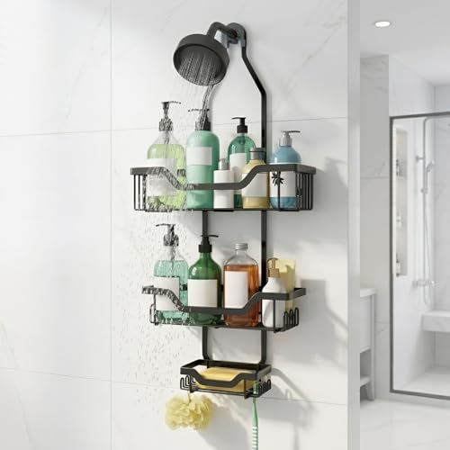 Image of MIORAH Hanging Shower Caddy for Bathroom Aluminium | Bathroom Organiser Without Drill | Bathroom Accessories Storage Organizer Black