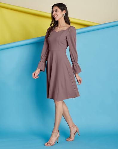 Image of SIRIL Women's Full Sleeve Polyester Solid Fit & Flare Dress, One Piece Dress for Women