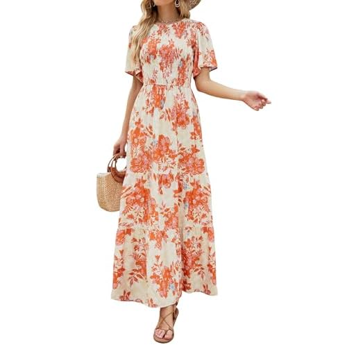 ZESICA Women’s 2025 Summer Casual Floral Print Short Flutter Sleeve Crew Neck Smocked High Waist Flowy Maxi Dress