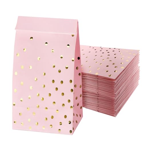 Geschenktüten, Rosa Papiertüten mit Goldfolie Gepunkt 24 Stück Partytüten 21 x 12 x 7cm Candy Bar Tüten Geschenktaschen Partytaschen