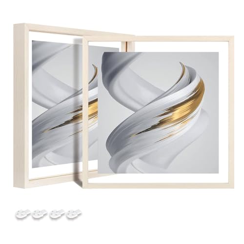 Image of Egofine 8x8 Floating Frames Set of 2, Double Plexiglass Picture Frame, Made of Solid Wood Display Any Size Photo up to 8x8, Wall Mount or Tabletop Standing, Beige