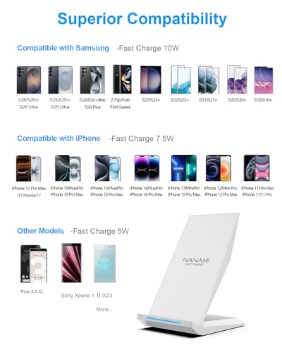 Image of NANAMI Fast Wireless Charger - Charging Stand 7.5W Compatible with iPhone 17 /17 Pro /17 Pro Max /16 /15 /14 /13 /12, 10W Phone Charger Dock for Samsung Galaxy S26 /S26+ /S25 /S24 /S24 Ultra / /S23 /S22 /21
